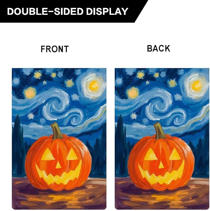 Halloween Starry Night Pumpkin Ghost Garden Flag Holiday Small Flag for Outside Burlap Double Sided Welcome Yard Lawn Decor 12.5x18"