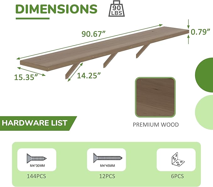 Shelf Suitable for 6x8FT Wood Greenhouse, 91" Wooden Storage Shelf Kit Fit Multiple Greenhouse , Horticulture Workstation, Work Bench System Shelving, Light Mocha Brown, 2 Pack