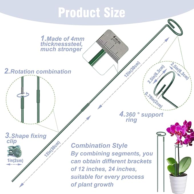 4.5mm Adjustable Length Plant Stake, Assembled (12 or 24 inch) Outdoor and Indoor Plant Support Poles for Flowers Marigolds Tomatoes Lilies Peonies Roses Daffodils Flower Clips (6 Sets, 18 Pcs)