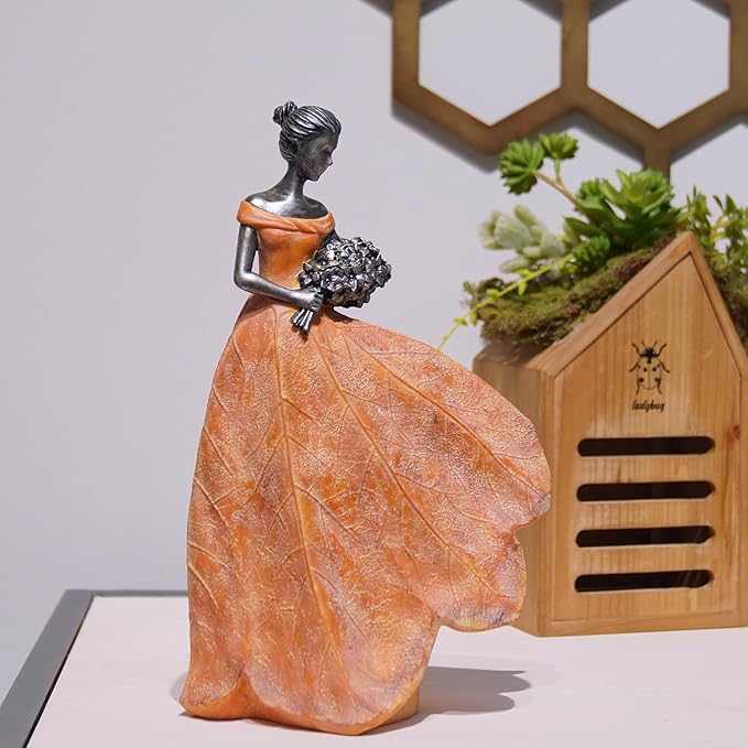 Guichifun Fairy Statue Collection Home Decoration - Orange Leaf Angel Girls Resin Fall Decor for Outside or Inside Rustic Garden Outdoor Yard Decorations Figurines Gift 7.5 x 4.5 x 11.5 Inch