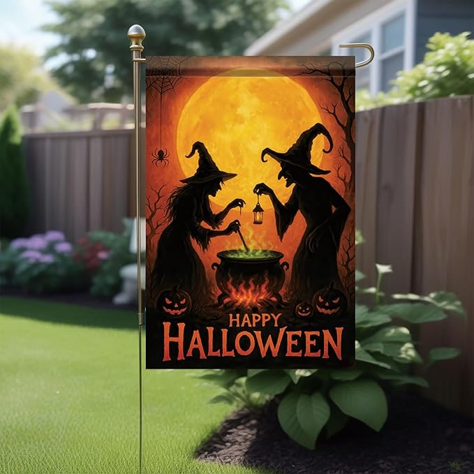 Happy Halloween Garden Flag Witches Cauldron Full Moon Flag 12x18 Inch Double Sided Outdoor Yard Banner for Trick or Treat Haunted House Halloween Decoration Decor