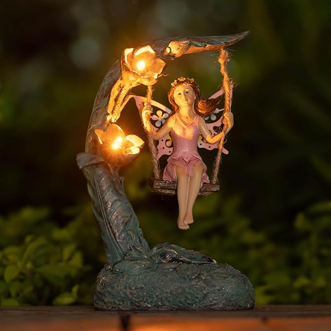 Garden Flower Fairy Outdoor Statue Decor Funny Swing Fairy Ornaments Figurines for Patio Lawn Yard Porch Outside Garden Gifts,9.05 Inches Tall ﻿ ﻿ ﻿