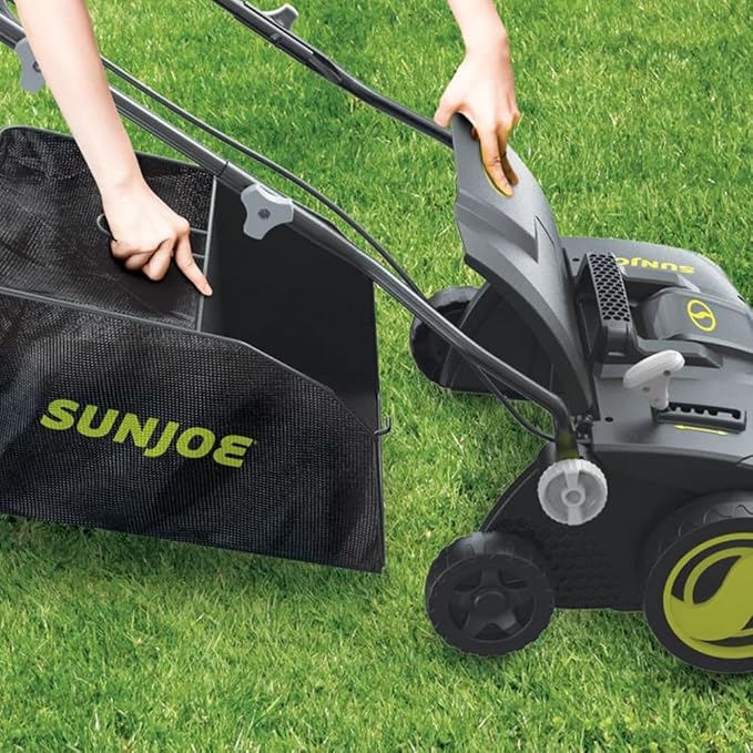 Sun Joe Electric Lawn Dethatcher & Scarifier w/ 13.2-Gal Bag, 15 Amp, 15 Inch, Black/Green - Heavy-Duty Corded Gardening Machine and Equipment for Lawn, Yard, and Grass, AJ808E