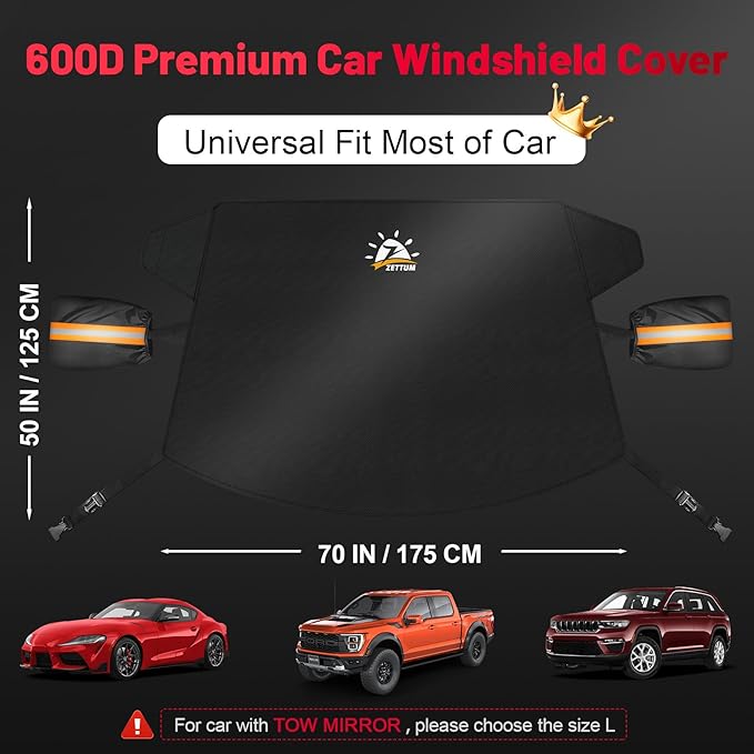 Zettum Car Windshield Cover for Ice and Snow - 600D Windshield Snow Cover with Side Mirror Cover Heavy Duty, Standard Winter Frost Hail Protector for Most Car, Truck, SUV, Van and MPV (70 x 50 Inch)