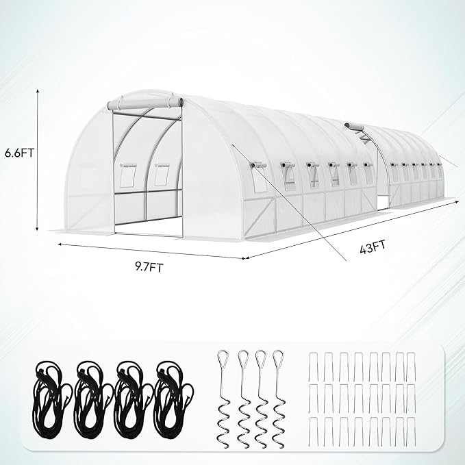YITAHOME 44x10x7ft Greenhouse Extra Large Heavy Duty 4 Zipper Doors Outdoor Greenhouses 24 Windows Walk in Tunnel Green House Plant Gardening Upgraded Galvanized Steel Frame for Garden, White