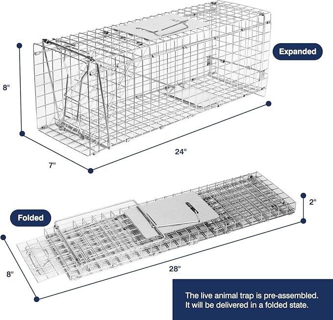 Animal Trap Cage, 24 Inch Live Traps for Raccoons Heavy Duty, Cat Trap for Stray Cats, Squirrels, Raccoon, Rabbits, Possum, Skunk, Outdoor Small Animal, Humane Catch & Release, Foldable
