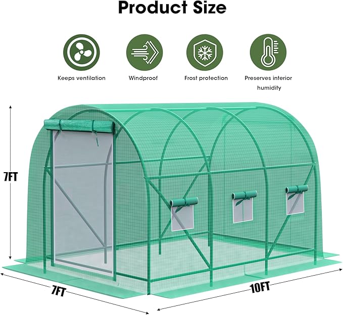 Grezone Walk-in Greenhouse Upgraded Green House with Dual Zippered Screen Doors & 6 Screen Windows Heavy Duty Plastic Plant Warm House with Reinforced Frame (10x7x7 FT)