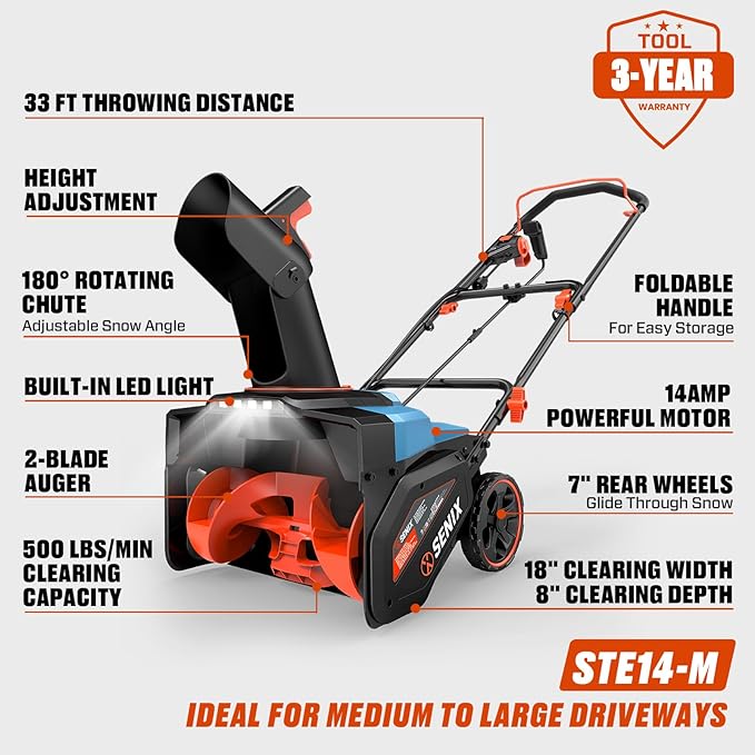 SENIX Electric Snow Blower,18 Inch Snow Thrower, Corded Snow Blower with 8-Inch Clearing Depth, 500lbs/min, 33ft Max Throw Distance, 15Amp 1700 Watt Motor, 4 LED Lights (STE14-M)