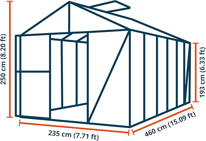 Greenhouse Diamas 24 Premium 7.7 x 15.1 ft with Approx. 16 mm Polycarbonate Panels, Natural Aluminum Color, with 2 Automatic Vent Openers