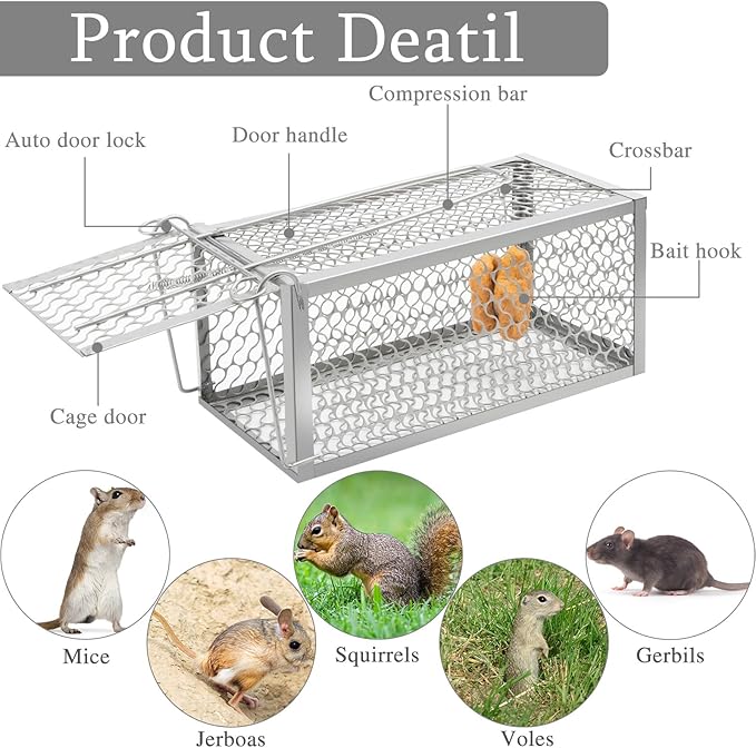 Qualirey 2 Pcs Humane Rat Trap Chipmunk Rodent Mouse Squirrel Trap Small Live Animal Mouse Voles Hamsters Live Cage Rat Mouse Cage for Mice Easy to Catch and Release (Silver)