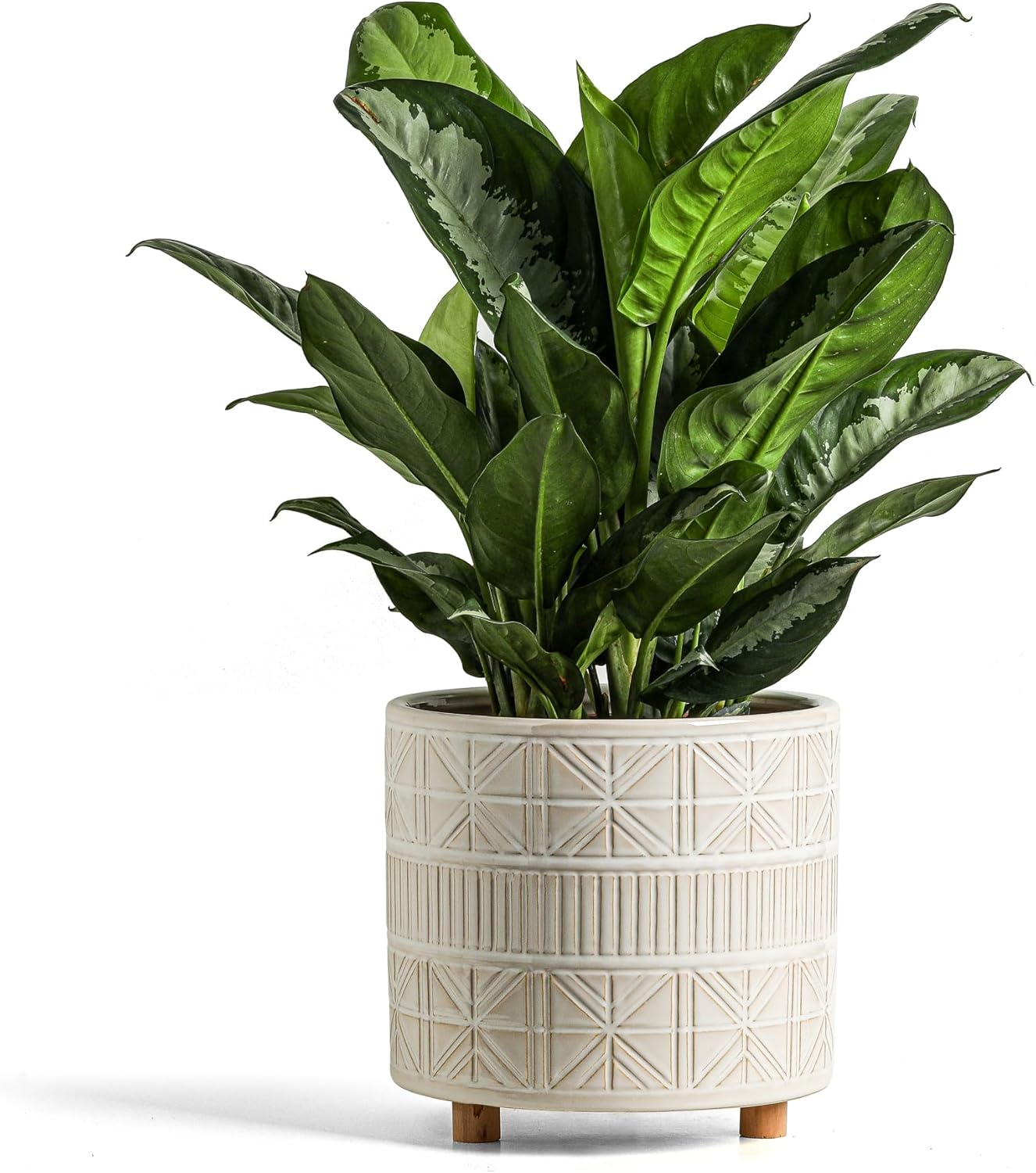 Ceramic Plant Pot with Foots: 10 Inch Planter with Wooden Legs - Large Pots for Indoor Plants - Modern Flower Pot for Home Office Patio Garden Windowsill