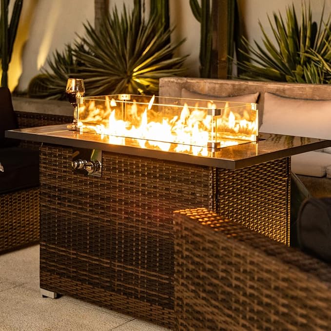 44in Outdoor Propane Gas Fire Pit Table, 50,000 BTU Auto-Ignition Gas Firepit with Glass Wind Guard, Marble Tile Tabletop, Mixed Color Glass Rocks, Brown PE Rattan…