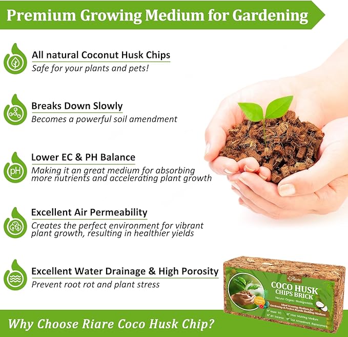 Riare 10 Pack Coco Chips Substrate for Plants- 11lb 100% Organic Coconut Husk Brick with Low EC and pH Balanced, High Expansion Coconut Substrate Coco Husk Mulch for Garden Flowers, Herbs, Planting