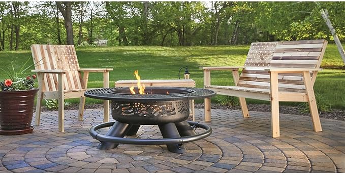 CASTLECREEK 47" Fire Pit BBQ Grill Outdoor Wood Burning Steel Log Firepit for Camping, Grilling, Smores, Yard, Cooking Outside, Barbecue, Bonfire Flag