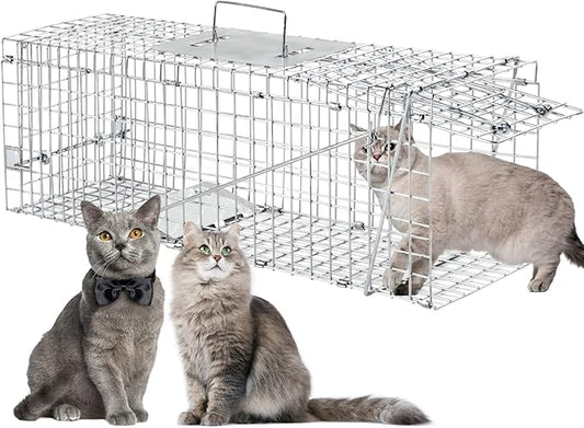Animal Traps,Live Animal Trap for Cats,Rabbits, Squirrels,cat Trap for Stray Cats, Live Traps for Raccoons, Stainless Steel Foldable with Pedal Triggers (32 x 11 x 12.6 inches)