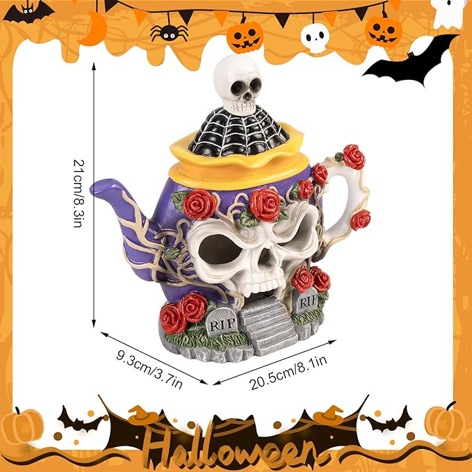 Light Up Halloween Haunted House Decor, 8.3"X 8.1" Resin Skull Head Decorative Teapot Figurine with Roses, Spooky Skeleton Miniature Village Indoor Outdoor Table Mantel Decorations for Home