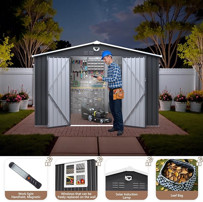 10x8 FT Outdoor Storage Shed, Metal Garden Shed - Tool Storage Sheds with Lockable Doors & 1 Clear Window, Waterproof Outside Storage Building for Backyard, Patio (Black; Floor Not Included)
