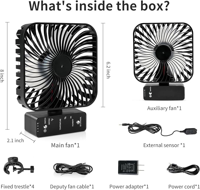 6" Grow Tent Fan with Temp & Humidity Display, Auto Temp & Humidity Control, 4 Speeds, 90° Oscillation, 2-Pack