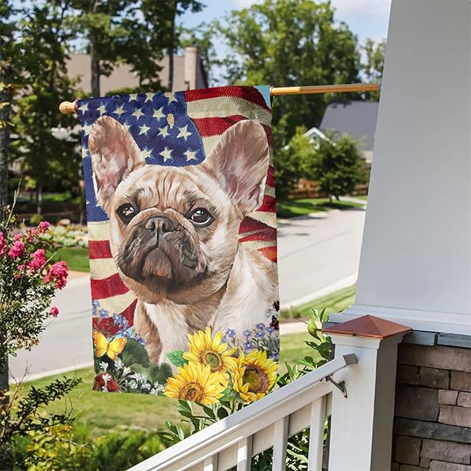 French Bulldog American Flag Patriotic Sunflower Dog Garden Flag Welcome Party Outdoor Outside Decorations Picks Home House Garden Yard Decor 12x18 Inch
