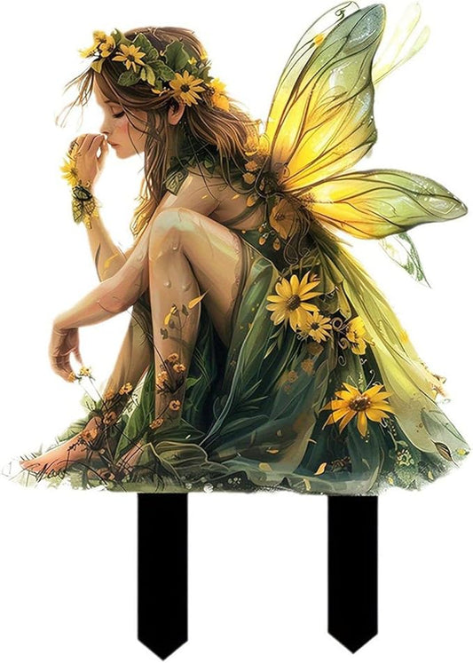 Fairy Garden Stake Decor, 2D Flat Acrylic Fairy Garden Decor Panel, Elf Yard Sign for Outdoor Indoor Yard Lawn Plants Pots, Fairy Yard Accessories (Green Fairy)