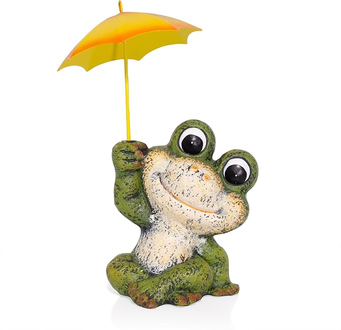 Alpine Corporation QWR1010HH 12" Tall Garden Frog Statue - Sitting Jolly Frog with Yellow Umbrella Decoration – Ceramic Yard & Patio Decor – Durable Lawn Sculpture