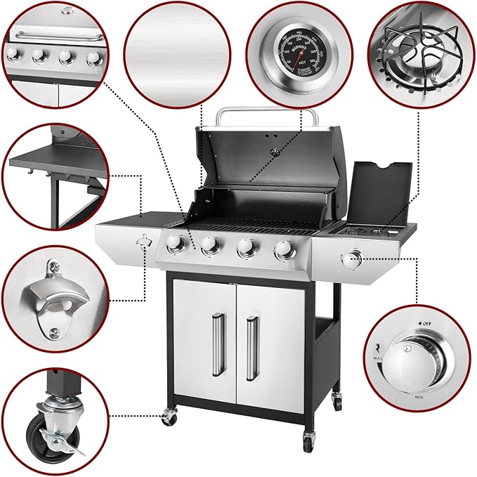 4-Burner Propane Gas BBQ Grill with Side Burner, 53,000 BTU Output with Enameled Cast Iron Grates for Patio Garden Barbecue, Stainless Steel