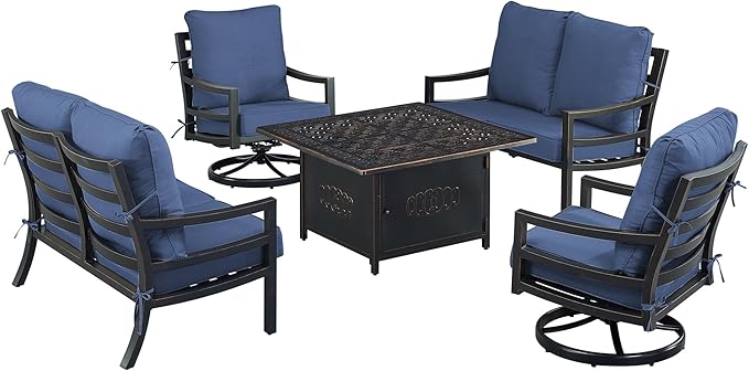 Oakland Living Black Aluminum Patio Fire Table Set with Two Deep Seating Loveseat with Cushions and Two Club Chairs with Blue Cushions