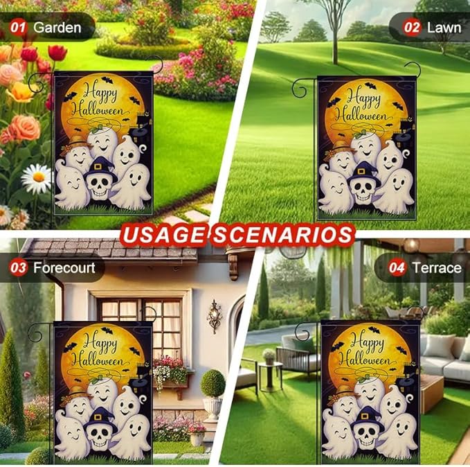 Halloween Garden Flag 12x18 Inch – Cute Ghosts and Pumpkin Skull Yard flag, Double Sided Happy Halloween Outdoor Decoration for Porch, Patio, Lawn, Garden, Birthday Party Décor