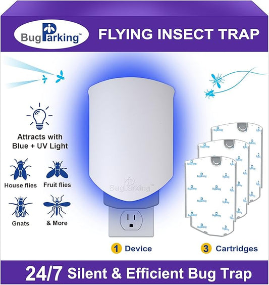 Flying Insect Trap for Indoors: Light Trap Captures Fruit Flies, Gnats, and Houseflies, BUG PARKING 1 Device and 3 Refills Silent Bug Catcher with UV Light for Indoor-Plants, Kitchen