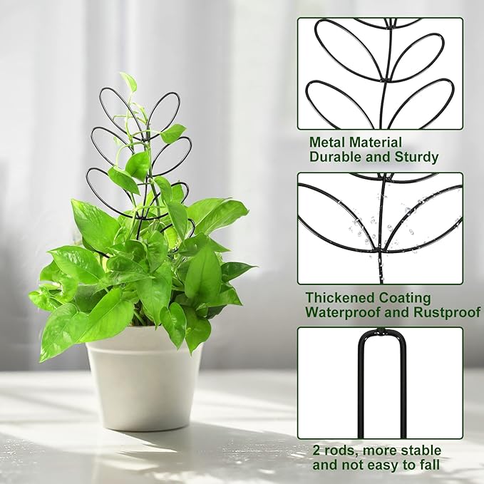 AUGSUN 2 Packs Indoor Plant Trellis Garden Trellis for Climbing Plants, 12 Inch Metal Leaf Shape Small Trelli for Potted Plants Plant Support for Houseplant with 50 Ties