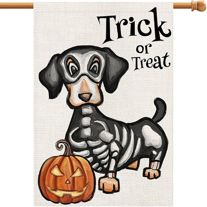 Halloween Trick or Treat House Flag Ghost Dog 28x40 Inch Large Double Sided Burlap Welcome Yard Dachshund Skeleton Outside Decorations DF342-28