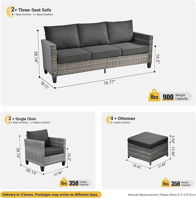 ovios Patio Furniture Set, 8 Pieces Outdoor Wicker Sofa Couch with Chairs, Ottomans and Comfy Cushions, All Weather High Back Rattan Conversation Set, Black