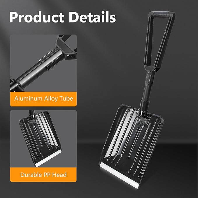 SHANTRA Folding Snow Shovel with Aluminum Edge, D-Grip Portable Shovel for Snow Removal, Lightweight Emergency Snow Shovel, Multifunctional Collapsible Shovel, Shovel For Car Driveway, Garden, Camping