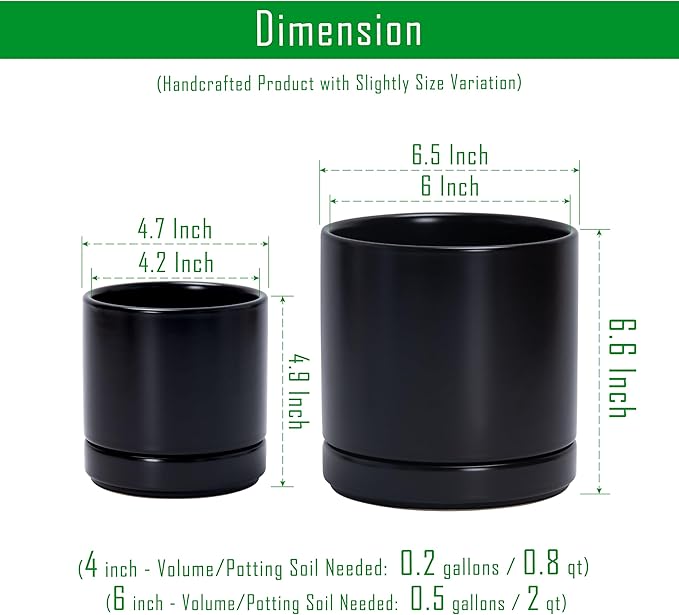 D'vine Dev 4.7 Inch & 6.5 Inch Ceramic Planter Pots for Plants with Drainage Hole and Saucer, Small Plant Pots Set, Black, 94-G-S-2