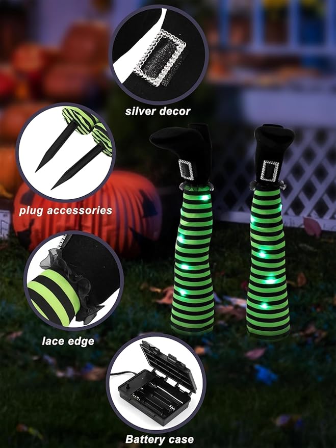 Halloween Witches Legs Decor Leg Yard Stakes Stake Wreaths Feet Door Crashing Garden Party Porch Wicked Hanging House Foot Outdoor Decorations (Green1)