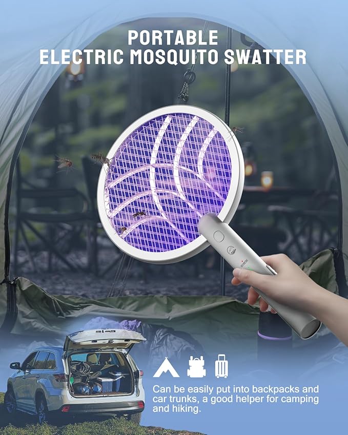 Electric Fly Swatter Racket, Mosiller 2 in 1 Smart Bug Zapper & Power Take Off Generators with USB Rechargeable Base, Powerful Mosquitoes Trap Lamp & Fly Killer for Home, Bedroom (Light Grey（1 Pack）)