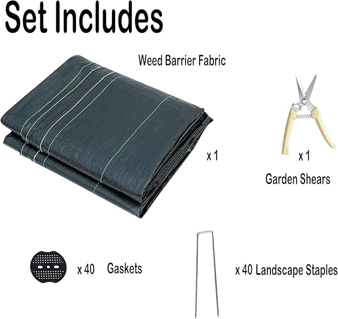4 FT X 50 FT Weed Barrier Fabric Heavy Duty, 4.23oz Landscape Fabric, with 40pcs U-Shaped Landscape Fabric Staples and Garden Stakes Gaskets, 1 Shears