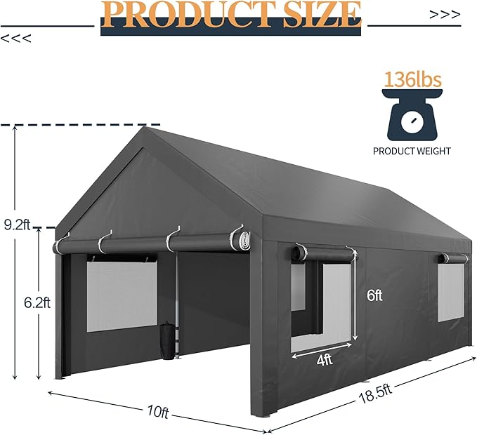 Shintenchi Carport 10' x 20' Heavy Duty Portable Garage, Car Port Canopy with Side-Opening Removable Door & Roll-Up Windows, Car Canopy for Truck,Car,Boat,Motorcycle,Grey
