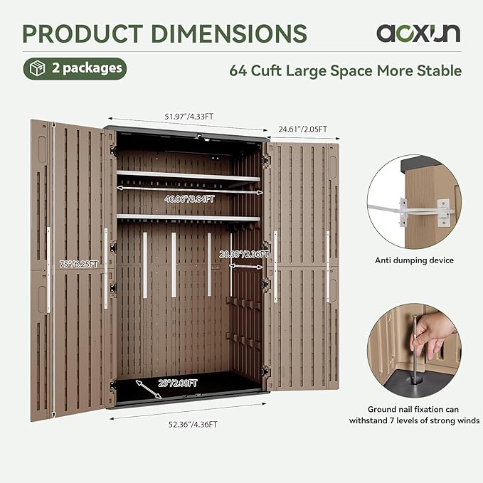 Aoxun Outdoor Storage Shed with 2 Shelves & Floor, 64 Cu.Ft Large Outdoor Storage Cabinet, Waterproof Vertical Resin Shed for Garden Tools, Pool Equipment, Brown