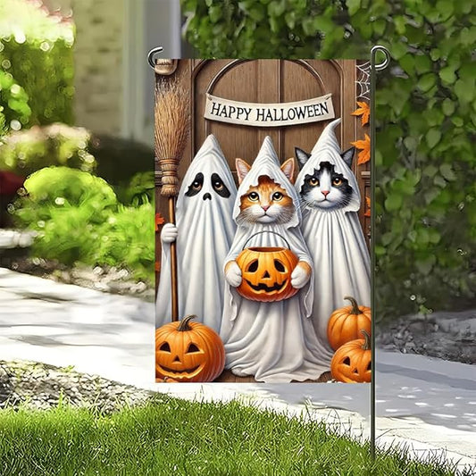 Halloween Pumpkin Witch Cat Garden Flag 12x18 Inch Double Sided Fall Yard Flag