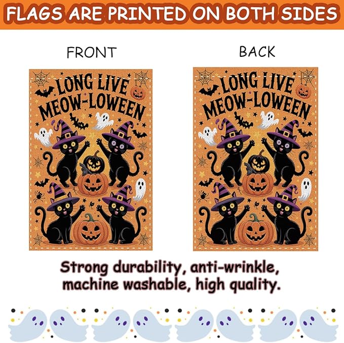 Fokongna Funny Halloween Decor Black Cat Garden Flag, Cute Halloween Long Live Meow-Loween Flag, Gift for Cat Lover 12x18 Inch Burlap Vertical Double Sided Flags, for Home Yard Outside Decorations