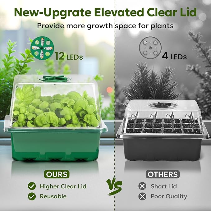 MIXC Seed Starter Kit with Grow Light, Elevated Seedling Tray Kit with Adjustable Humidity Dome and Clear Cell Tray, 12 Full Spectrum Led Beads for Seed Starting Greenhouse, 6 Pack, Green