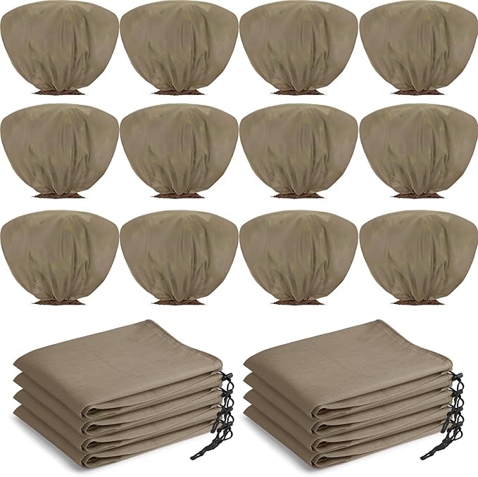 12 Pcs Winter Plant Covers Freeze Protection 39.4x23.6 Inch Horizontal Shrub Tree Rose Plant Protection Bags Frost Blanket with Drawstring for Fall Winter Outdoor Garden Planting (Brown)