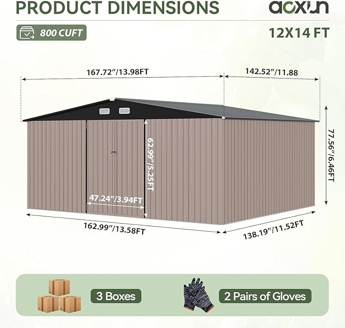 Aoxun 14x12 FT Shed Outdoor Storage Shed with Spacious and Tall Doors, Large Shed Steel Utility Tool Shed Storage House with Door & Lock, Metal Sheds with Sloped Roof for Garden Patio Poolside, Brown