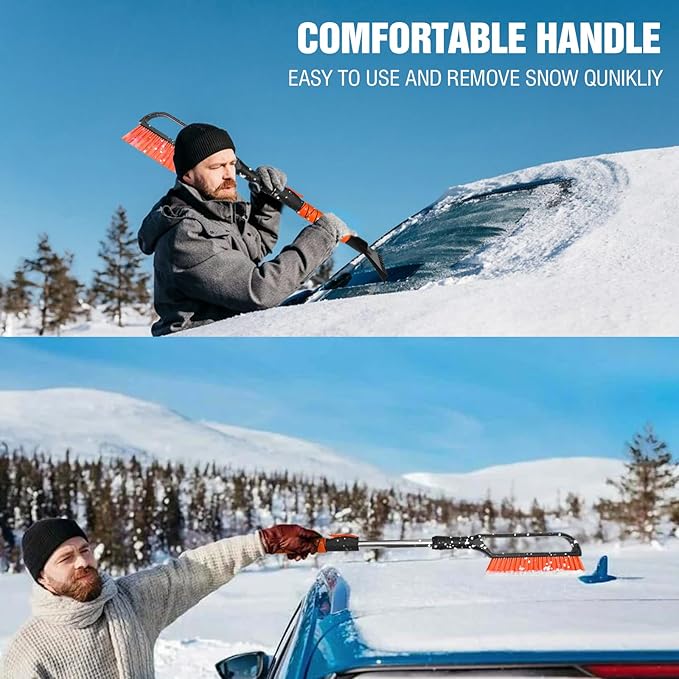 YeewayVeh 35 inch Ice Scrapers for Car Windshield, Extendable Snow Brush for Car with Foam Grip & Additional Handhold, 2 in 1 Detachable & Scratch-Free Snow Scraper for Car Truck SUV, Orange