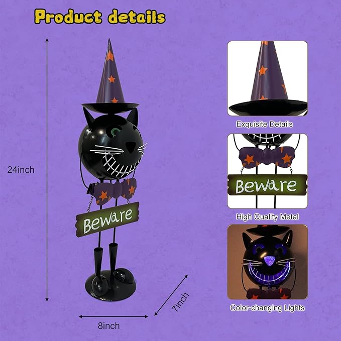 Halloween Decorations Outdoor Solar Lights- Metal Black Cat Statues with Witch Hat, 24 Inch Spooky Cat Figurine with Color Change LED Lights