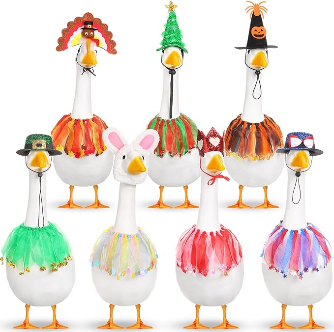 7 Set Holiday Porch Goose Outfits St. Patrick Easter 4th of July Halloween Thanksgiving Christmas Lawn Goose Clothing Hat and Tutu Collar Goose Outfit for 23" Goose Patio Yard Decor
