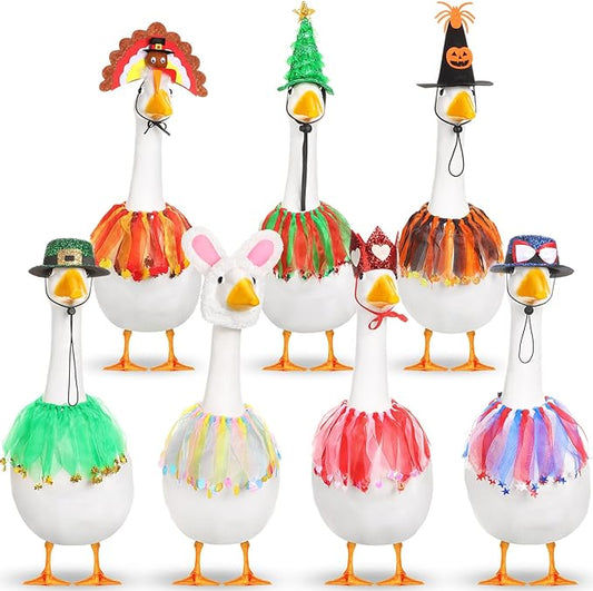 7 Set Holiday Porch Goose Outfits St. Patrick Easter 4th of July Halloween Thanksgiving Christmas Lawn Goose Clothing Hat and Tutu Collar Goose Outfit for 23" Goose Patio Yard Decor