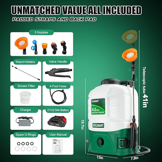 Battery Powered Backpack Sprayer 4 Gallon– No Leak ＆ Padded Straps Electric Weed Sprayers in Lawn and Garden, 100PSI Power Sprayer with 41'' Telescopic Wand and 5 Nozzles, Translucent White