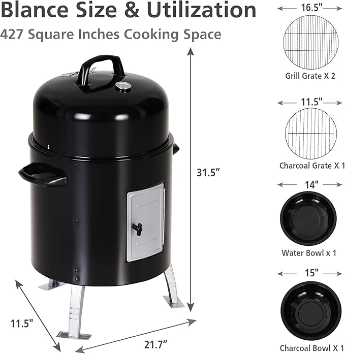 Sophia & William 17" Vertical Charcoal Smoker Grills with Two-Tier Grates, Heavy-Duty Integral Chamber and Tunnel Ventilation System for BBQ, Patio, Outdoor Camping(Black)